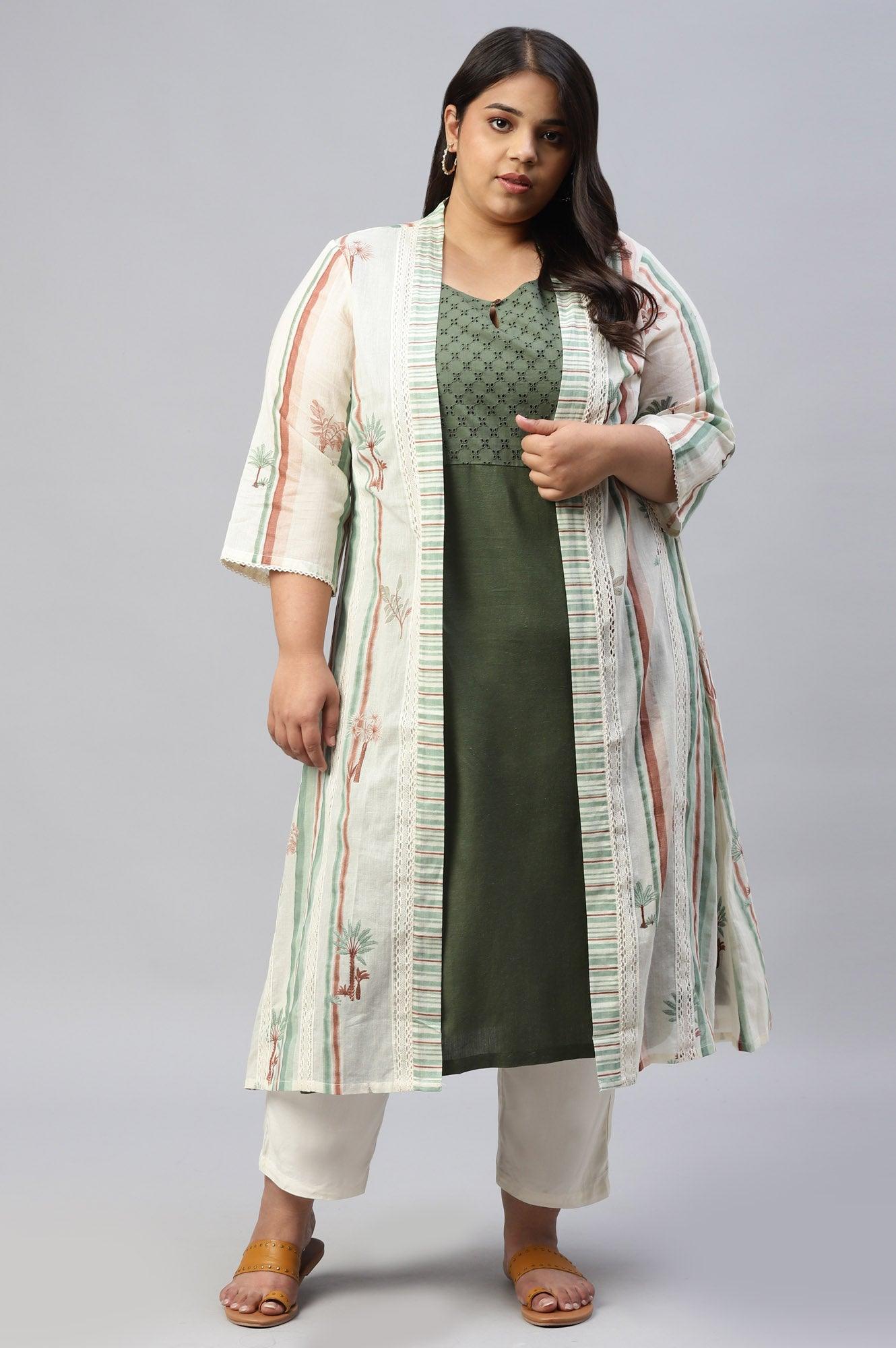 Green Plus Size Schiffli kurta With Printed Jacket