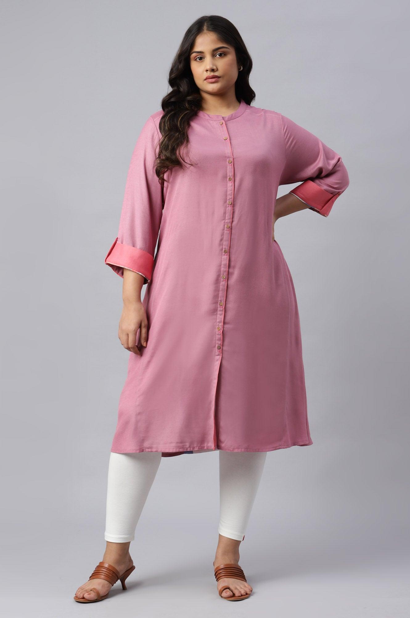 Dark Pink Flared Plus Size kurta In Mandarin Collar