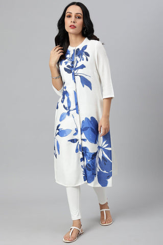 Ecru Placement kurta With Blue Floral Print