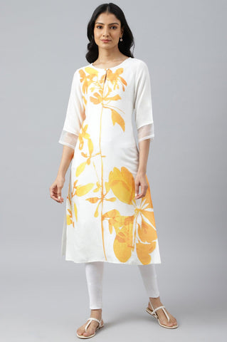 Ecru Placement kurta With Yellow Floral Print