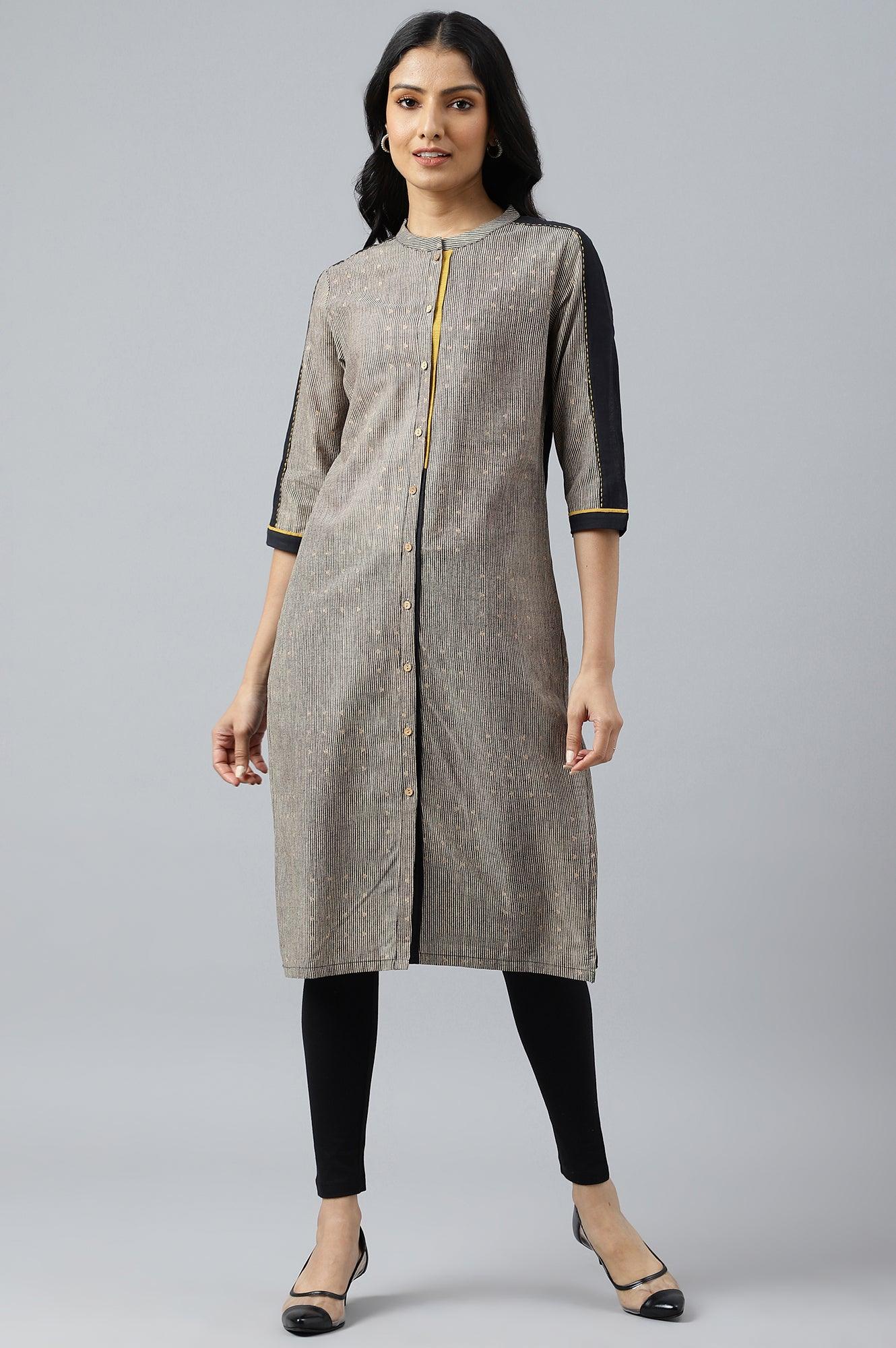 Biege And Black Panelled kurta With Mustard Stich Line