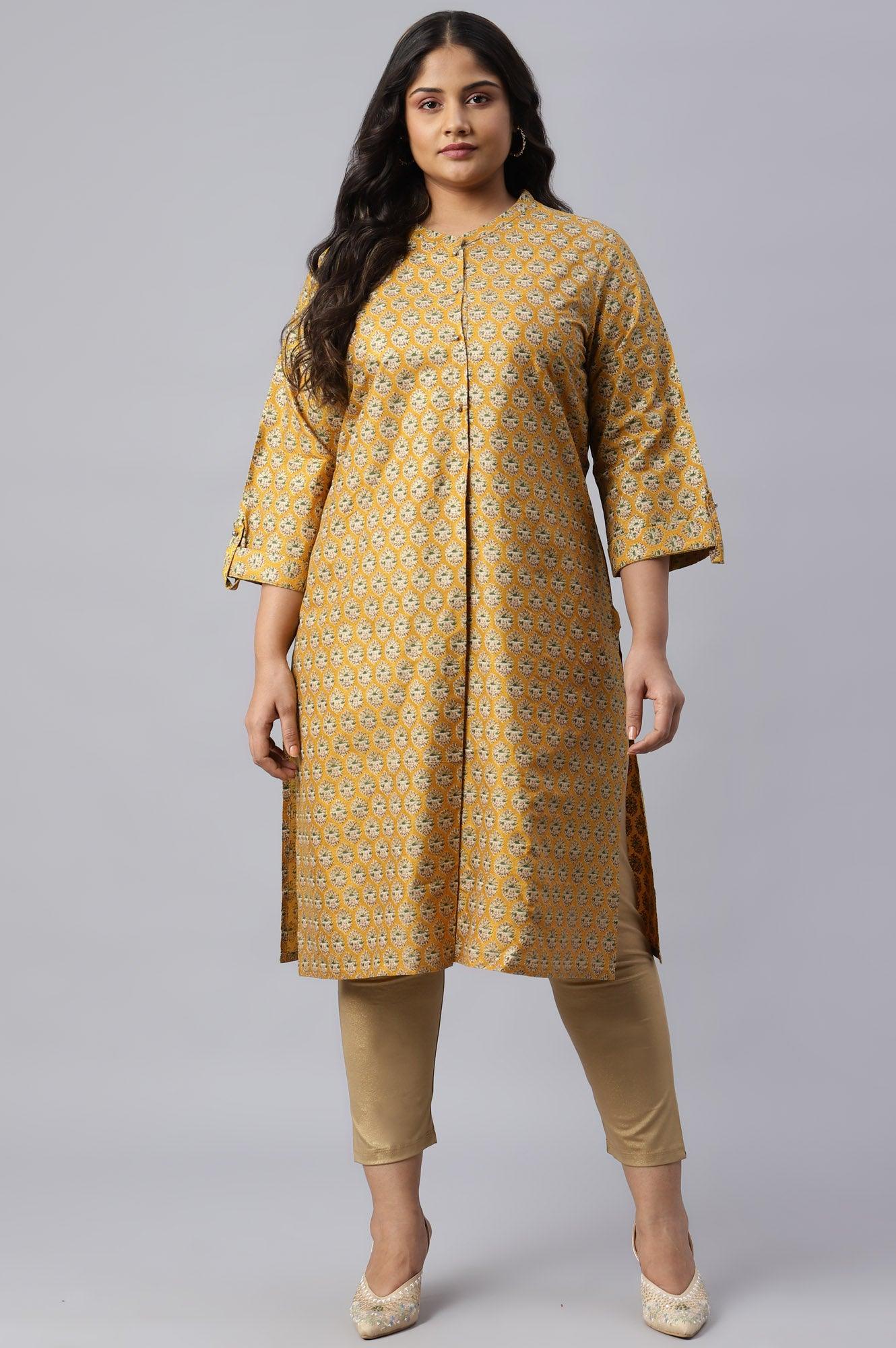 Mustard Glitter Printed Plus Size kurta In Mandarin Collar