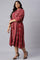 Plus Size Maroon Floral Printed Panelled Indie Dress