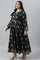 Jet Black Printed Kalidar Embroidered Plus Size Dress