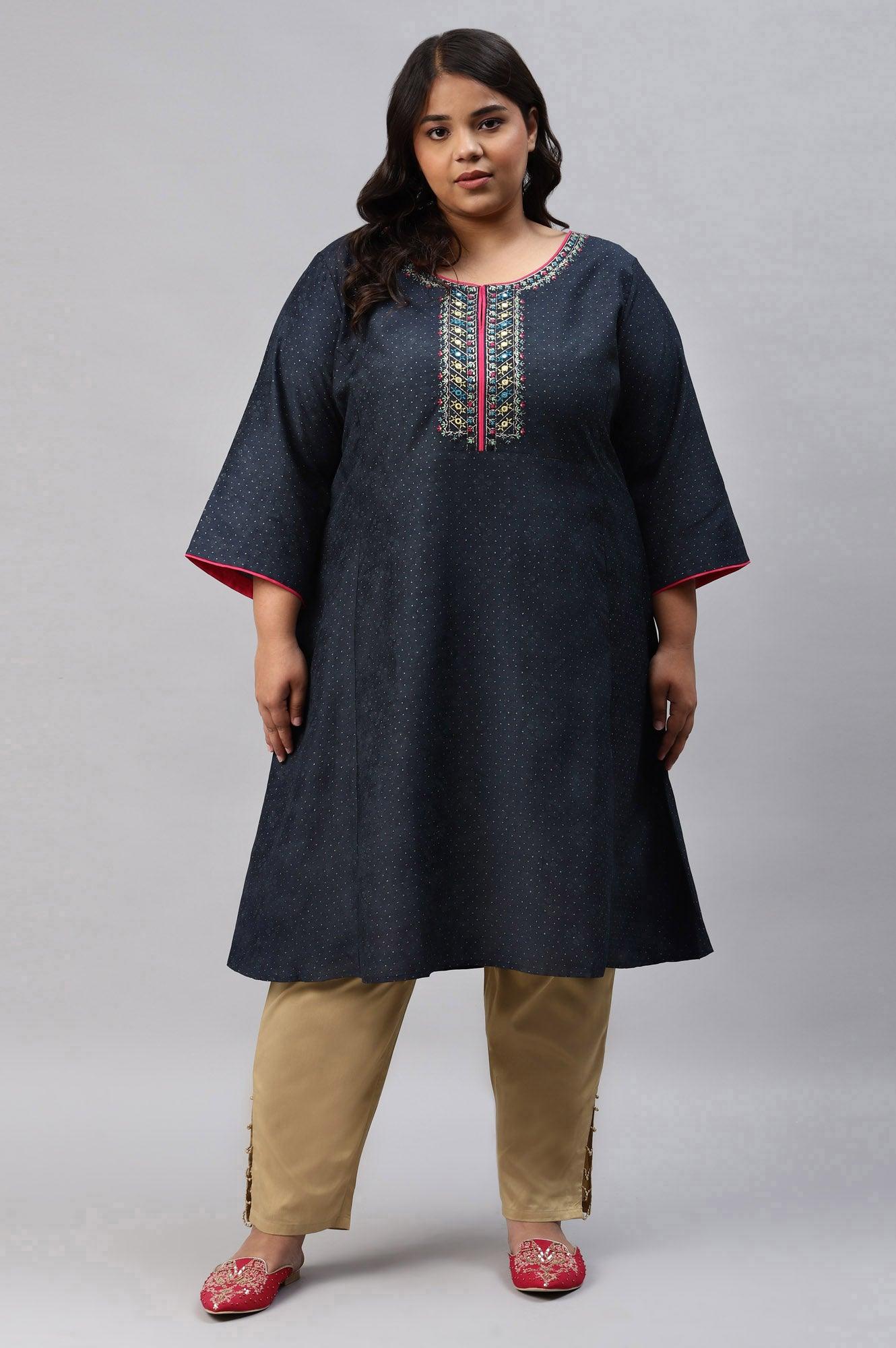 Royal Blue Glitter Printed And Embroidered Plus Size kurta