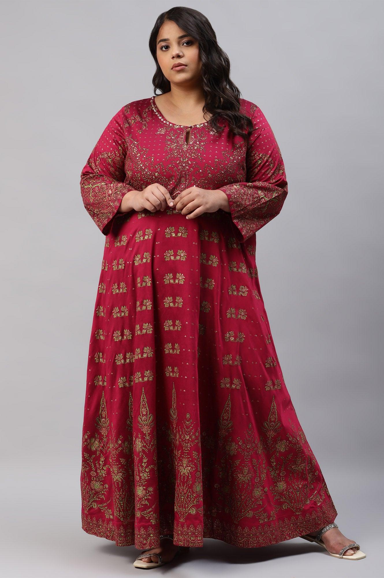 Plus Size Maroon Floral Printed Festive Indie Dress