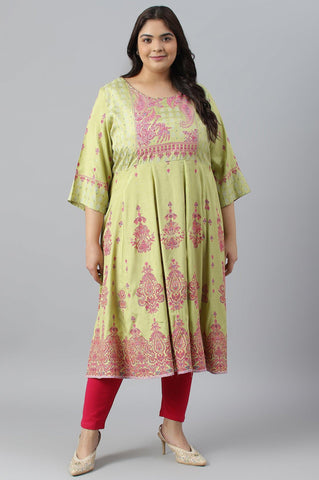 Green Floral Printed And Embellished Festive Plus Size kurta