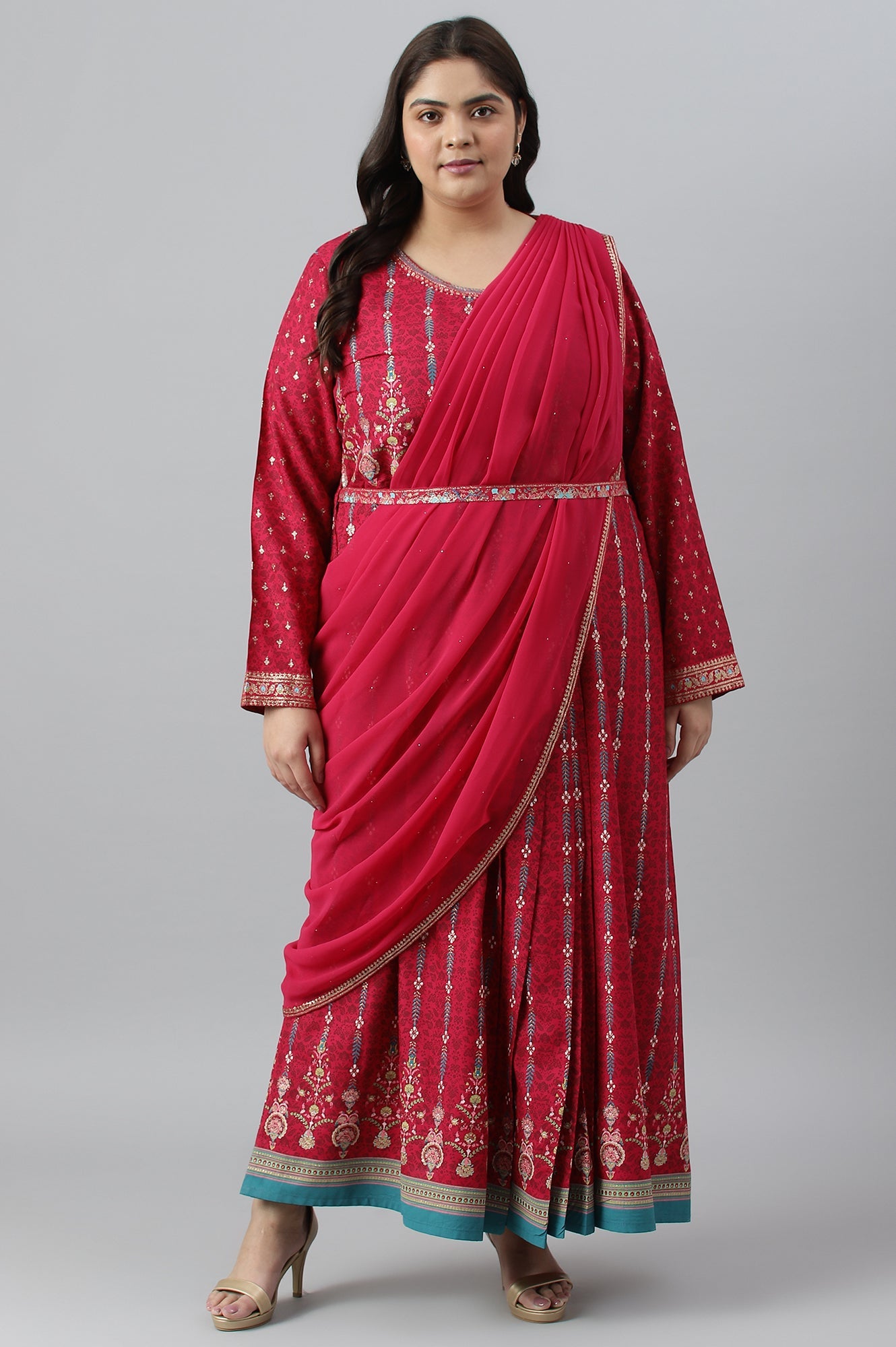 Dark Pink Glitter Printed Festive Plus Size Saree Dress