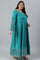 Teal Blue Glitter Printed And Embroidered Plus Size Dress