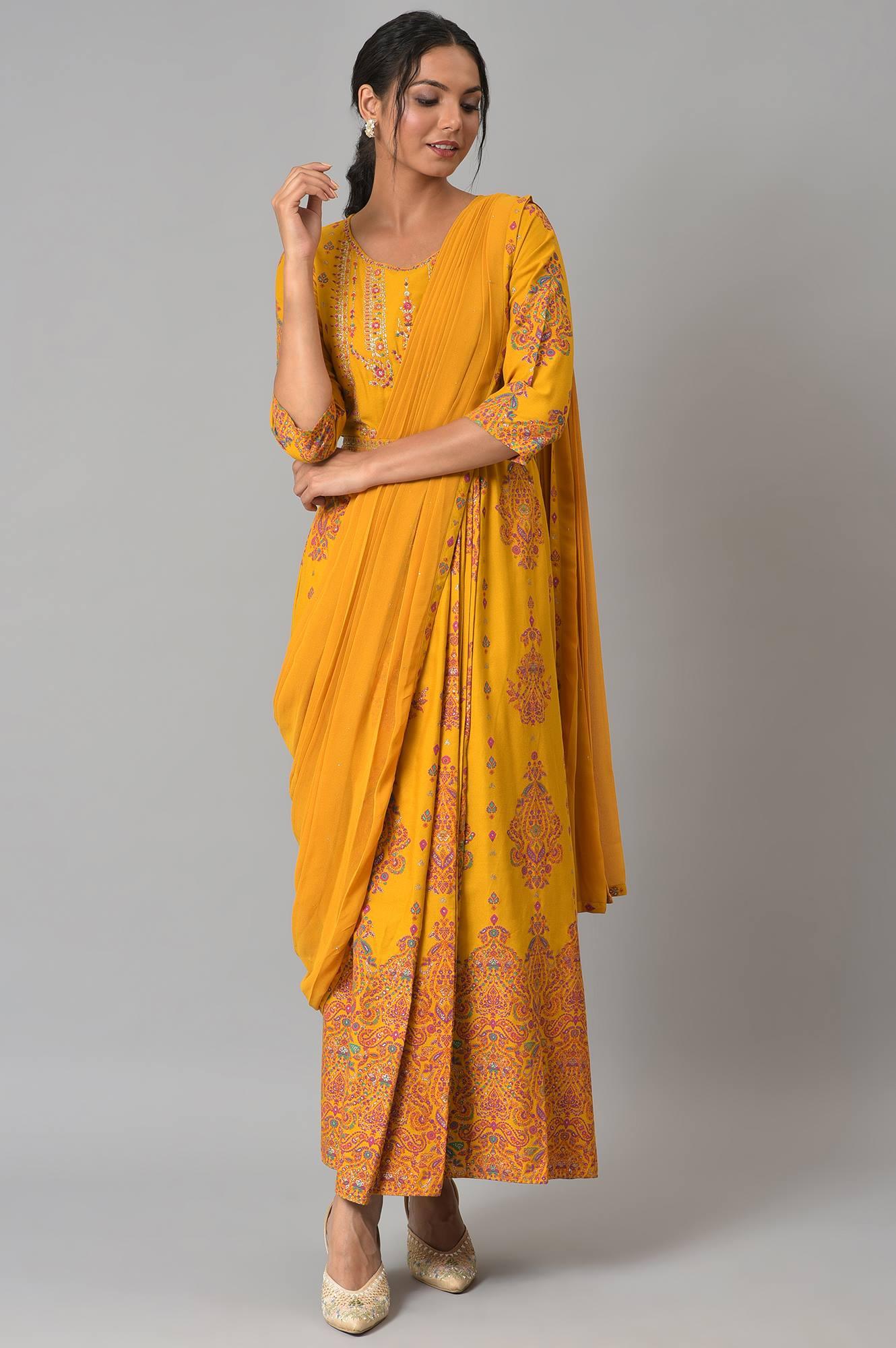 Mustard Printed And Embroiderd Insta Saree Dress