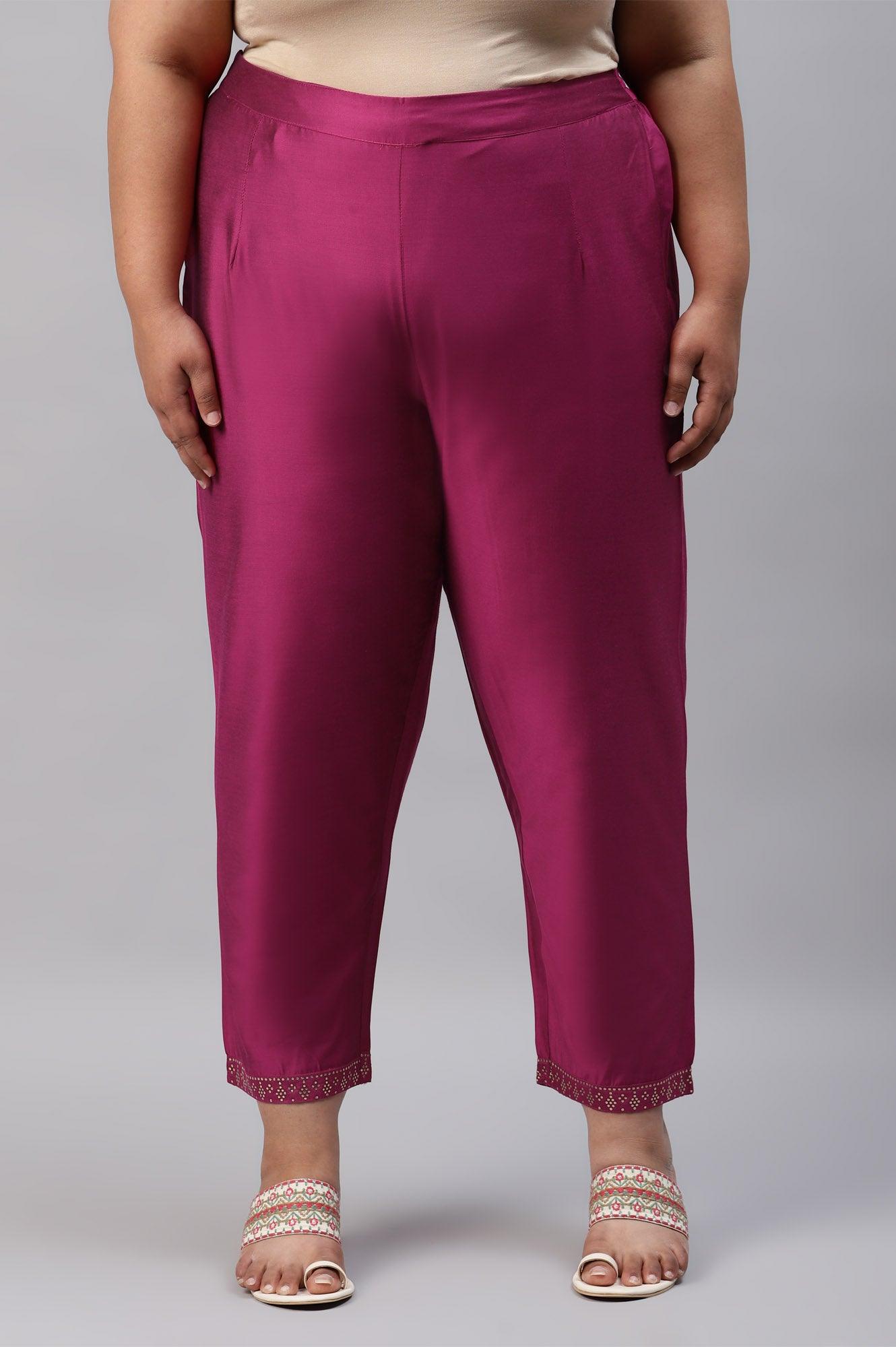 Dark Pink Women Plus Size Pants With Printed Border