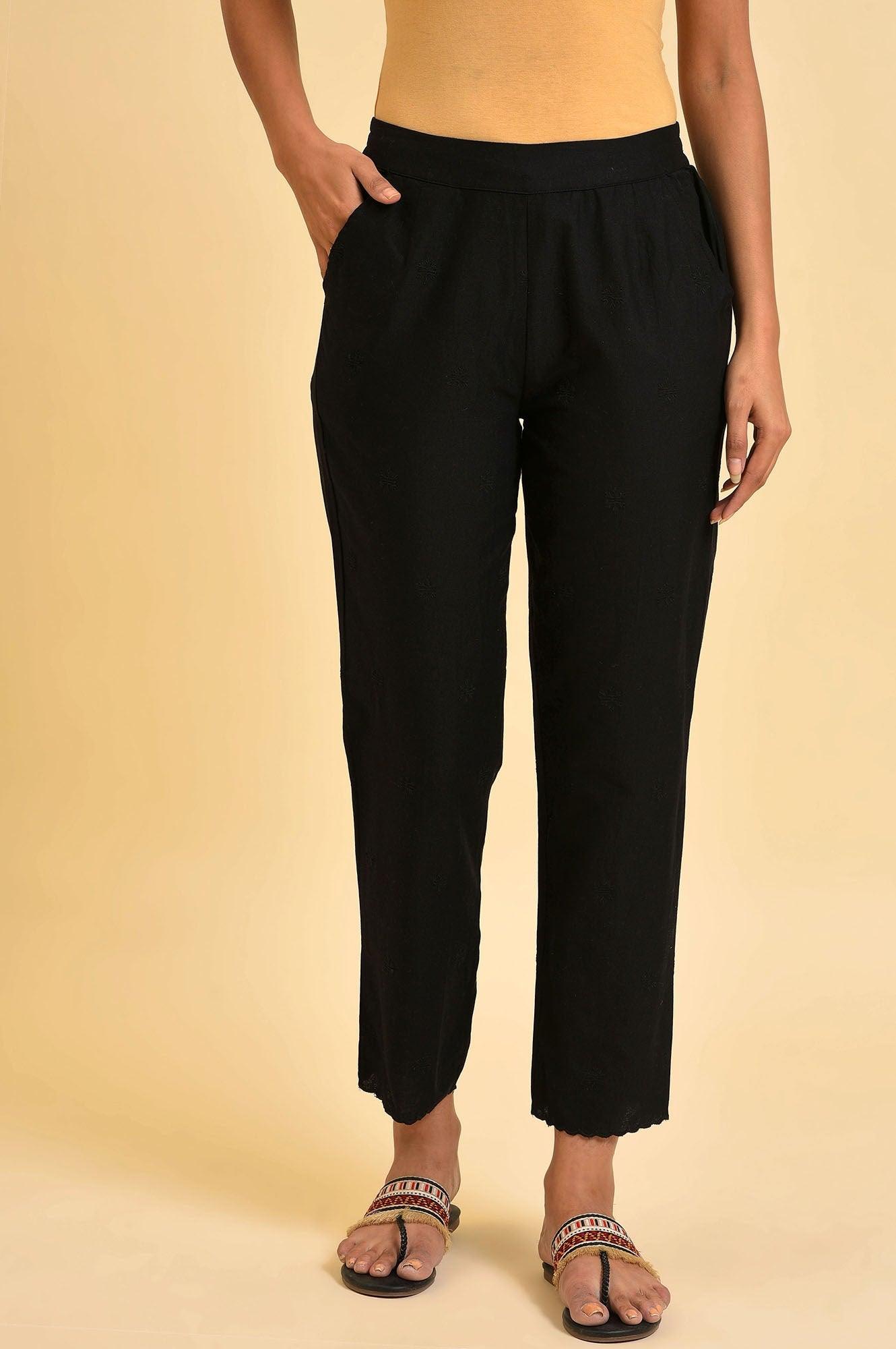 Black Straight Pants With Scalloped Hemline