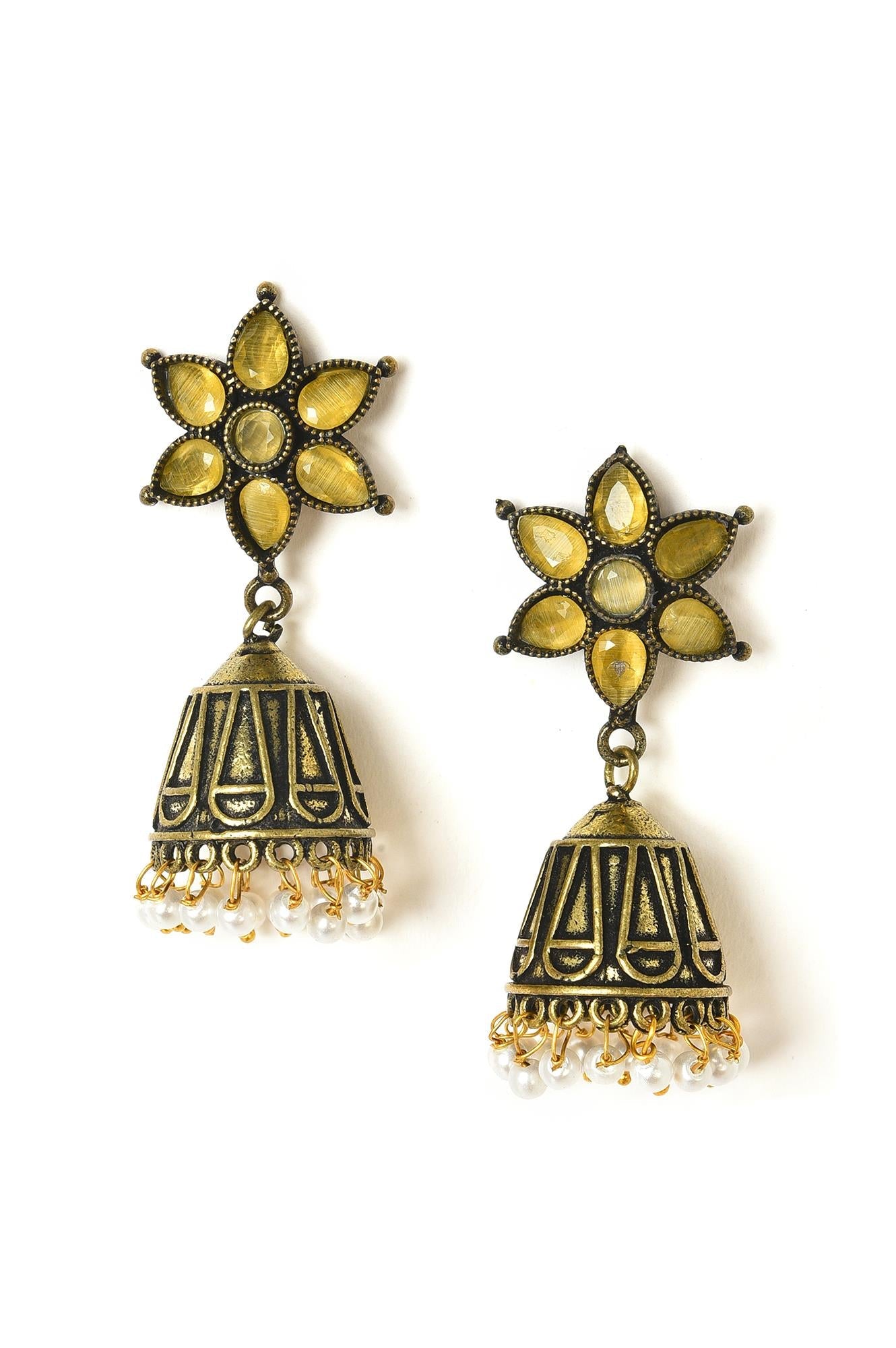Golden Oxidised Floral Jhumki