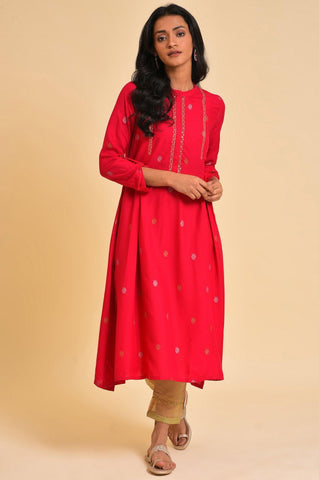 Red Embroidered Festive Kurta And Pants Set