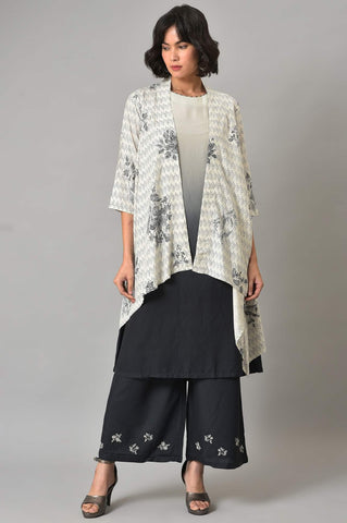 White And Deep Blue Ombre kurta With Printed Gillet And Parallel Pants