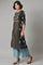 Black A-Line Panelled kurta With Blue Parallel Pants