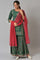 Dark Green Glitter Floral Printed kurta With Sharara Pants And Pink Dupatta