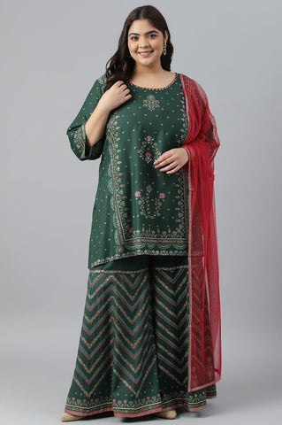 Plus Size Dark Green Glitter Floral Printed kurta With Sharara Pants And Pink Dupatta