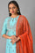 Blue Glitter Printed kurta And Culottes With Red Dupatta