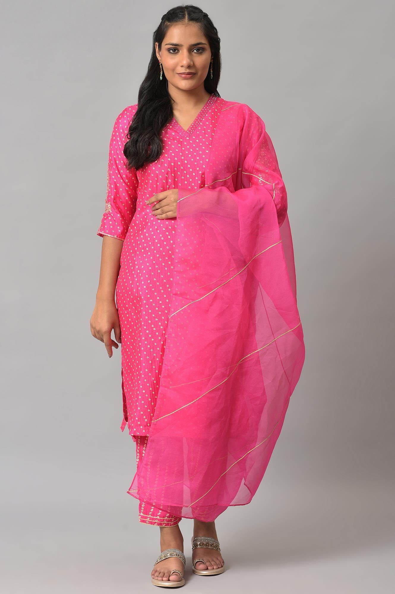 Pink Bandhani Printed Embroidered kurta With Pants And Organza Dupatta