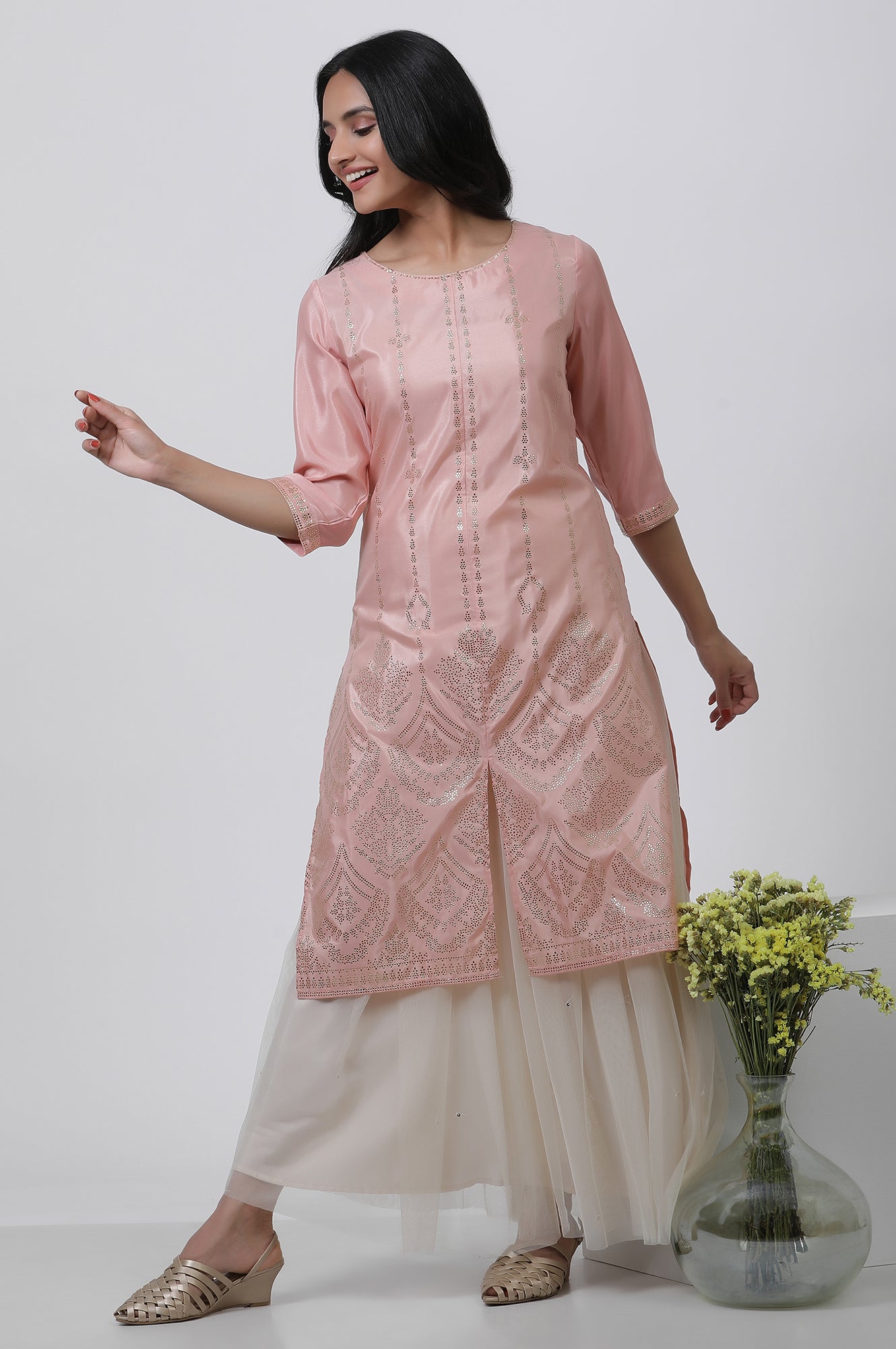 Pink Mukaish Kurta And Mesh Skirt Set