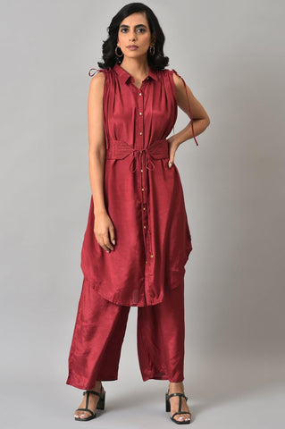 Dark Red Solid Shantung kurta with Parallel Pants Co-ord Set