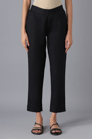 Black Cotton Flax Women Trousers