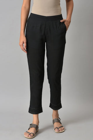 Black Yarn-Dyed Gathered Trouser Pants