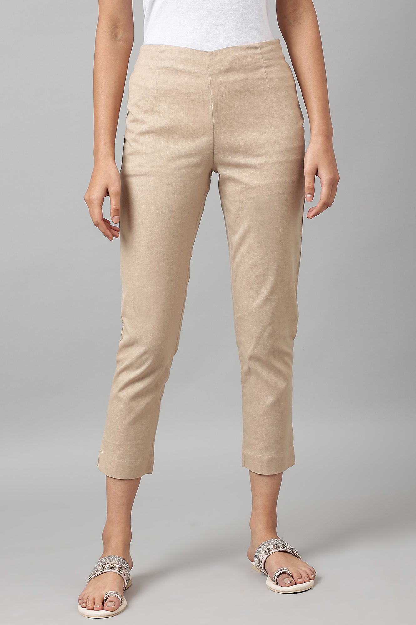 Beige Slim Ankle Length Pants