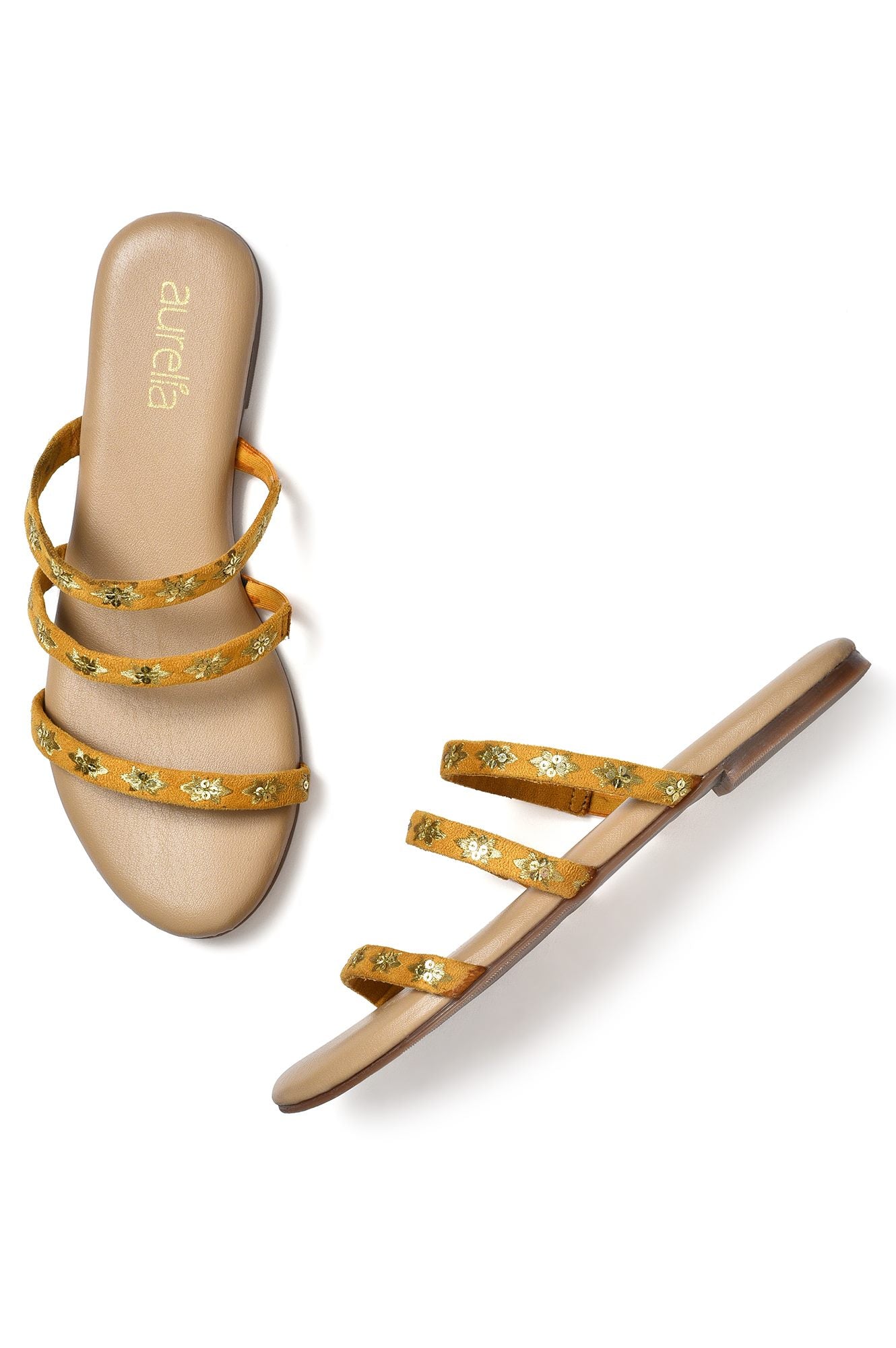 Aurelia Embroidered Mustard Almond Toe Flat