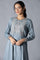 Blue Flared Round Neck Mughal Gown With Embroidery