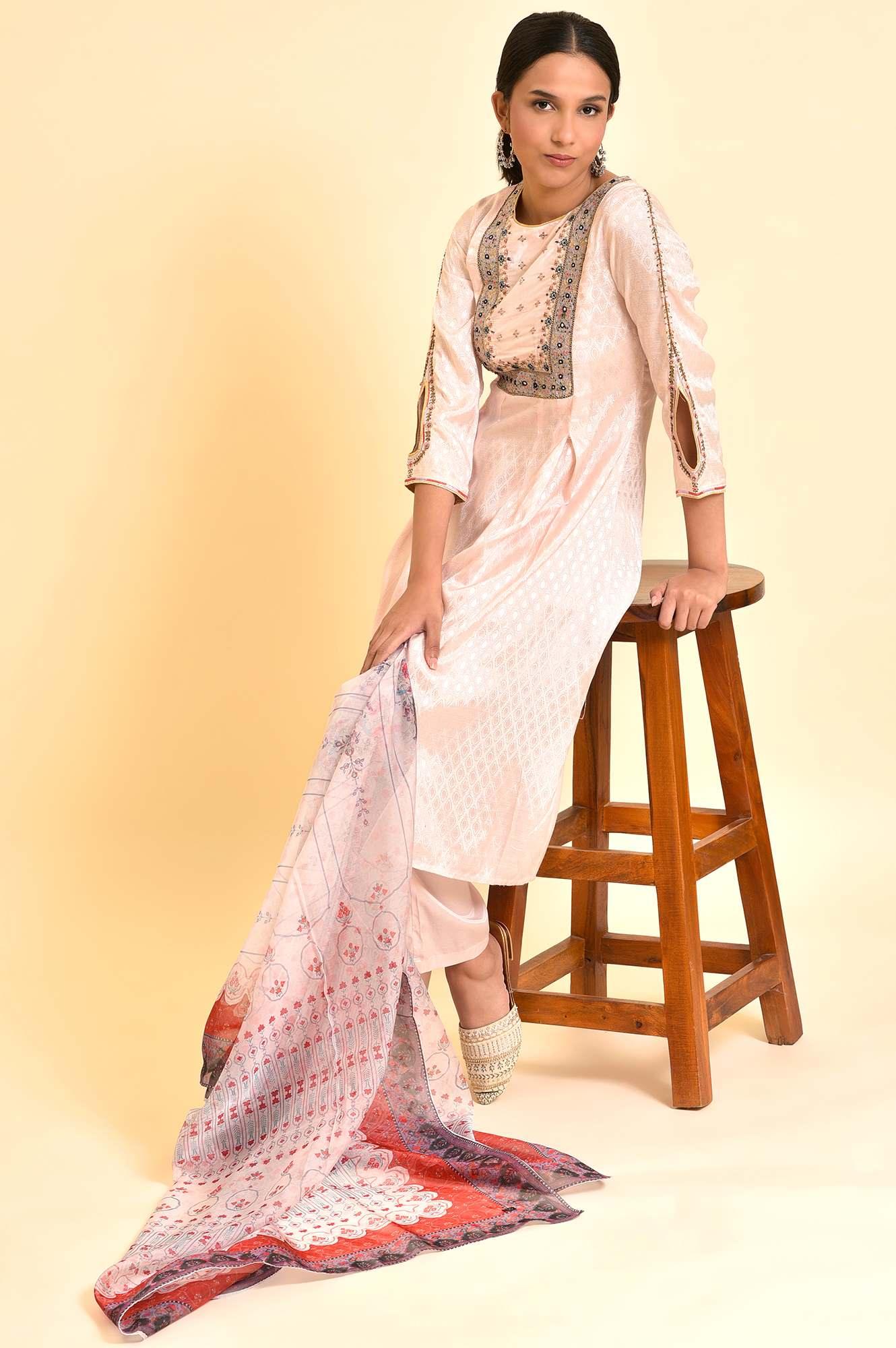 Light Pink Embroidered Kurta, Pants And Dupatta Set