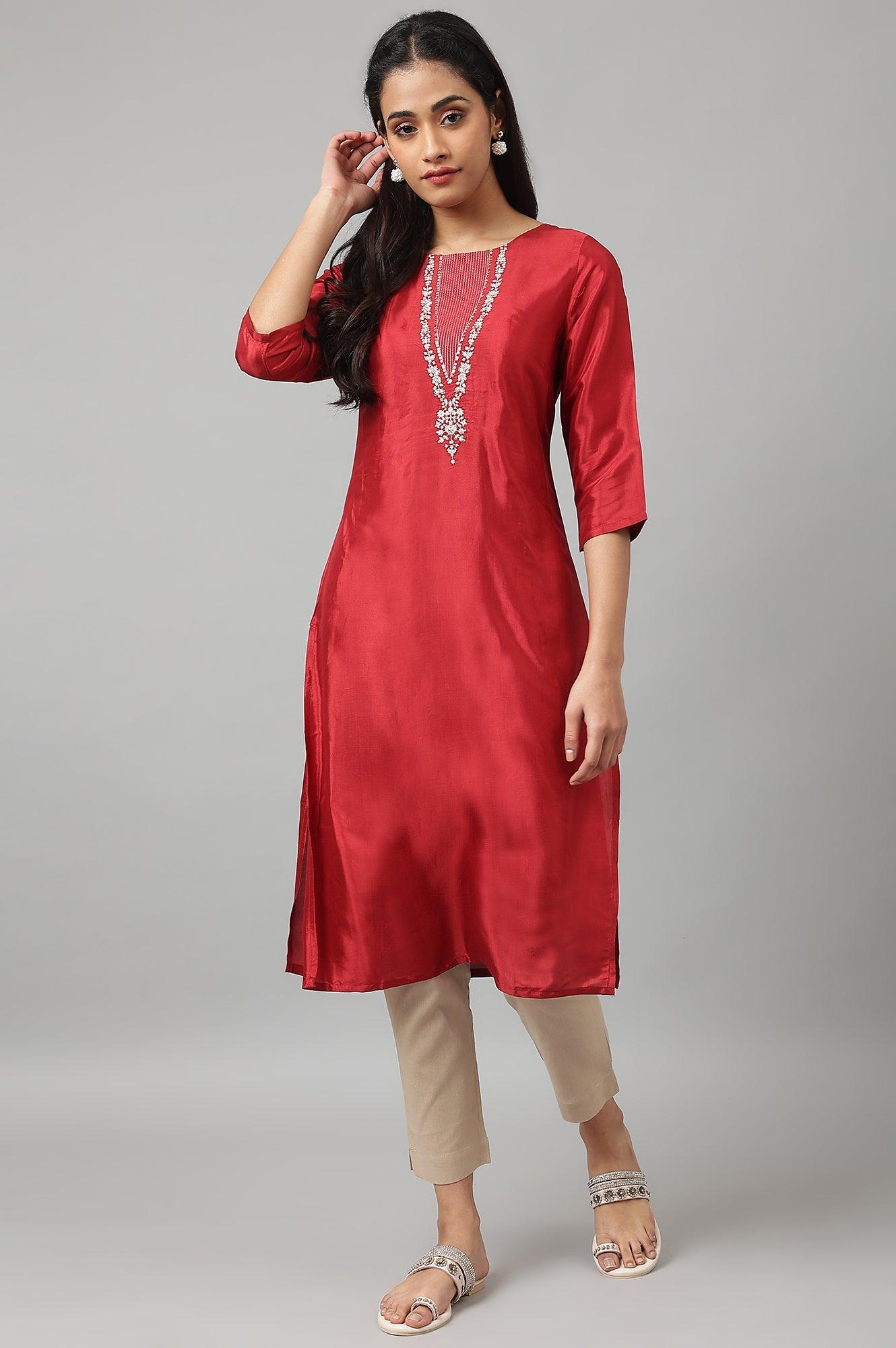 Deep Red Embroidered Festive kurta