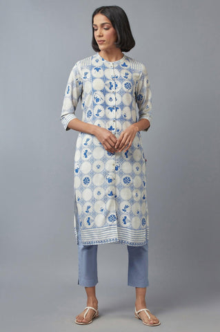Blue and Ecru Printed kurta