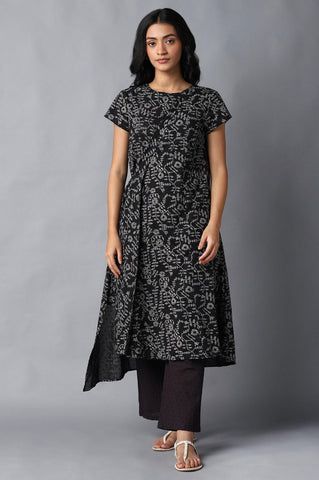 Black Angrakha Cotton kurta In Round Neck