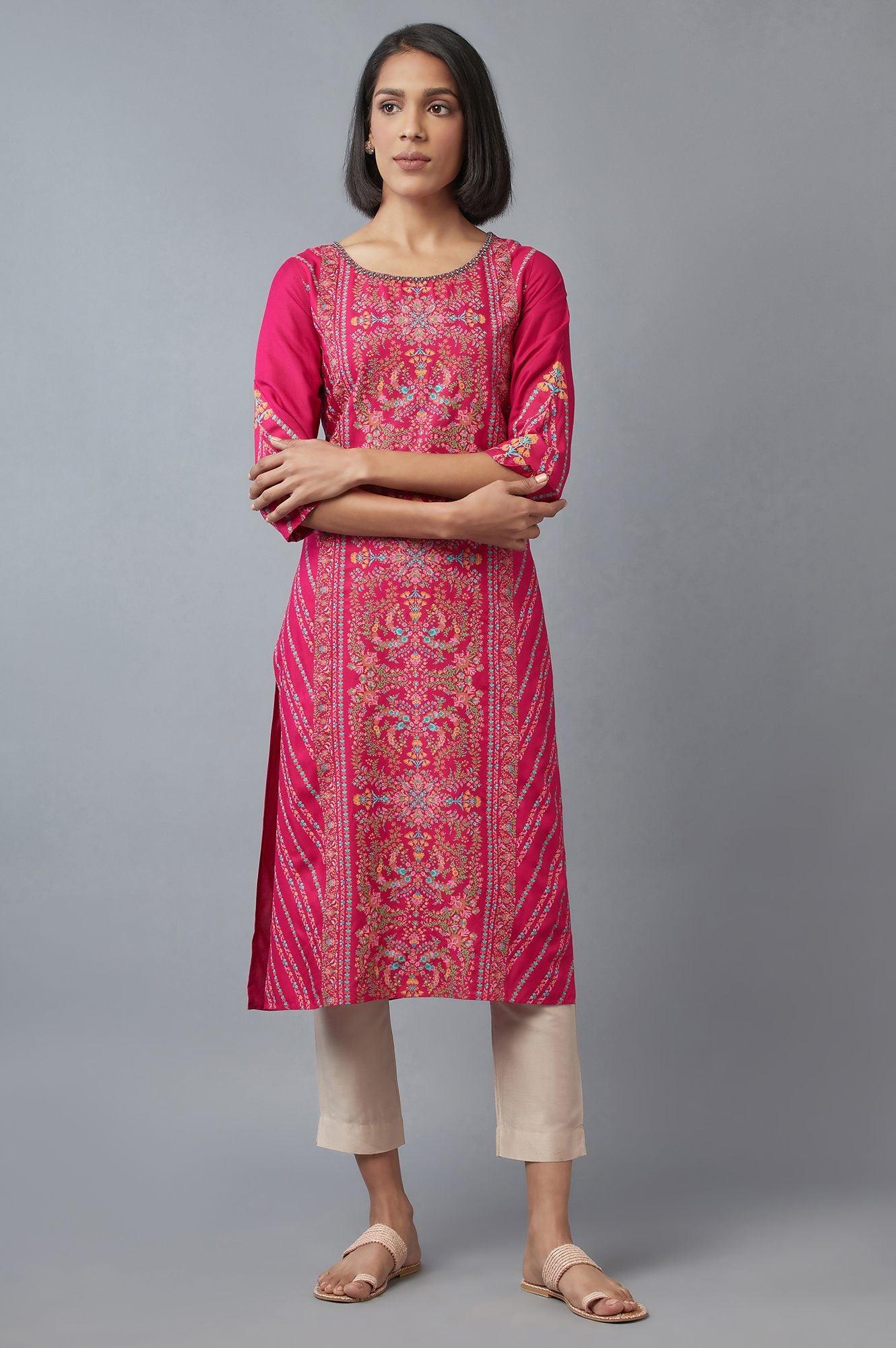 Dark Pink Floral Pleated kurta in Round Neck