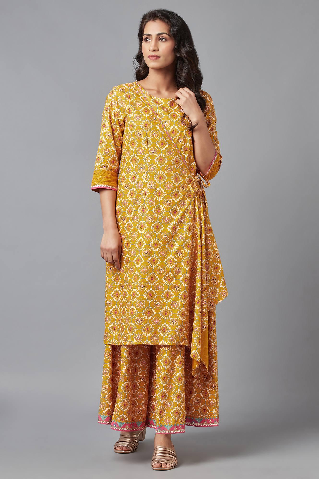 Mustard Yellow Angrakha Jumpsuit in Round Neck