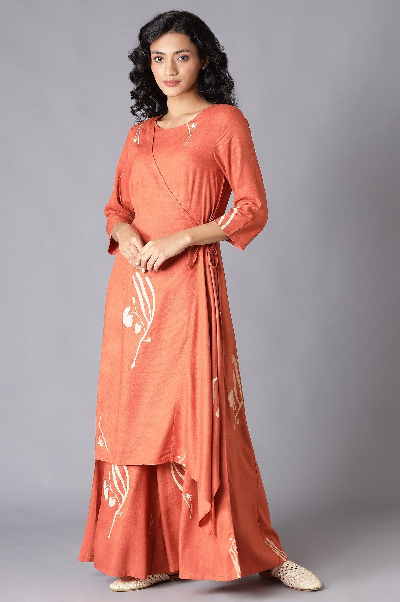 Rust Orange Angrakha Jumpsuit In Round Neck