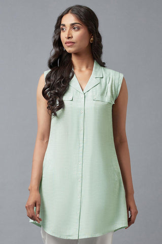 Light Green And Ecru Stripe Print Cotton Sleeveless Tunic