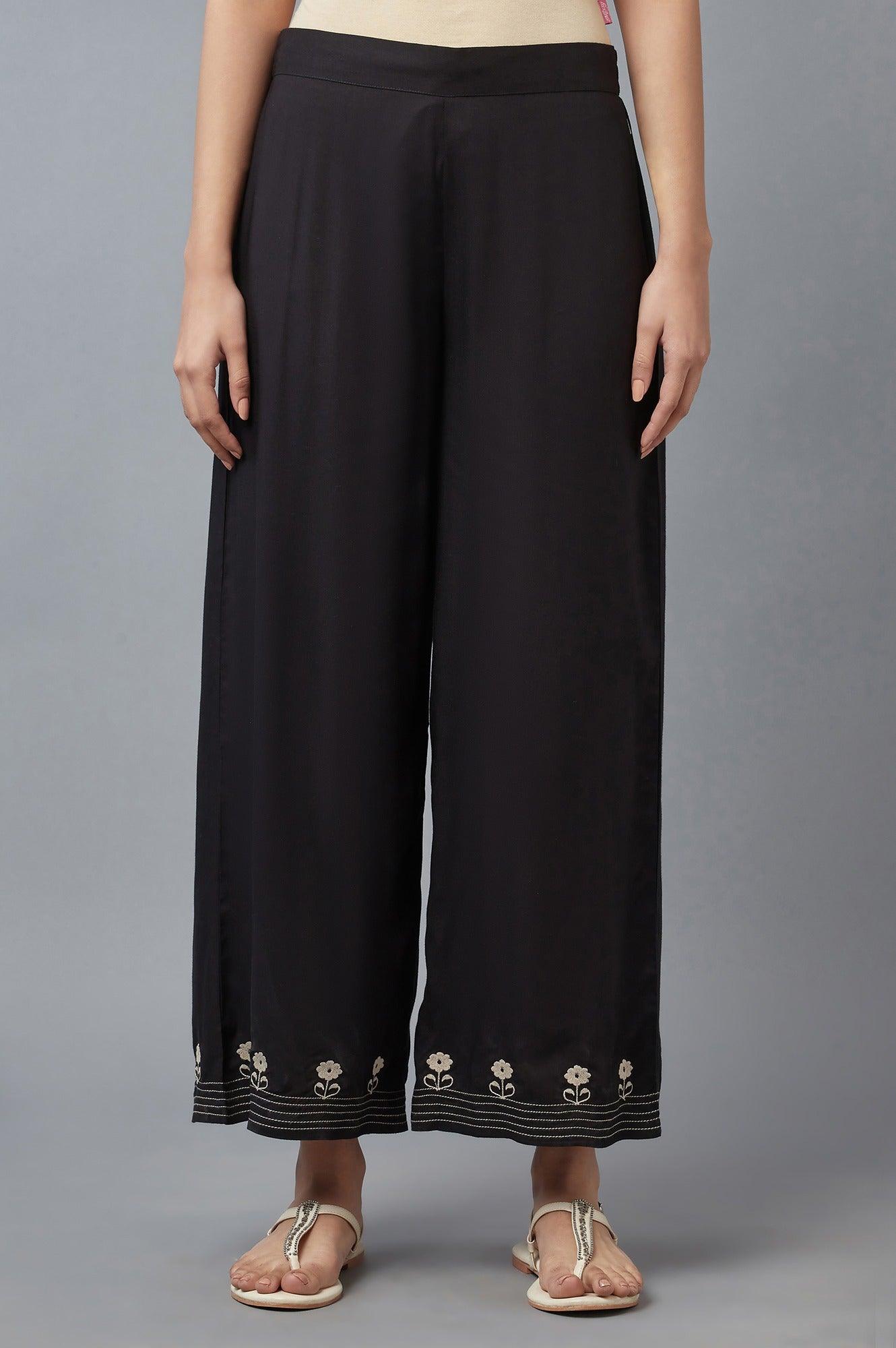 Jet Black Embroidered Parallel Pants