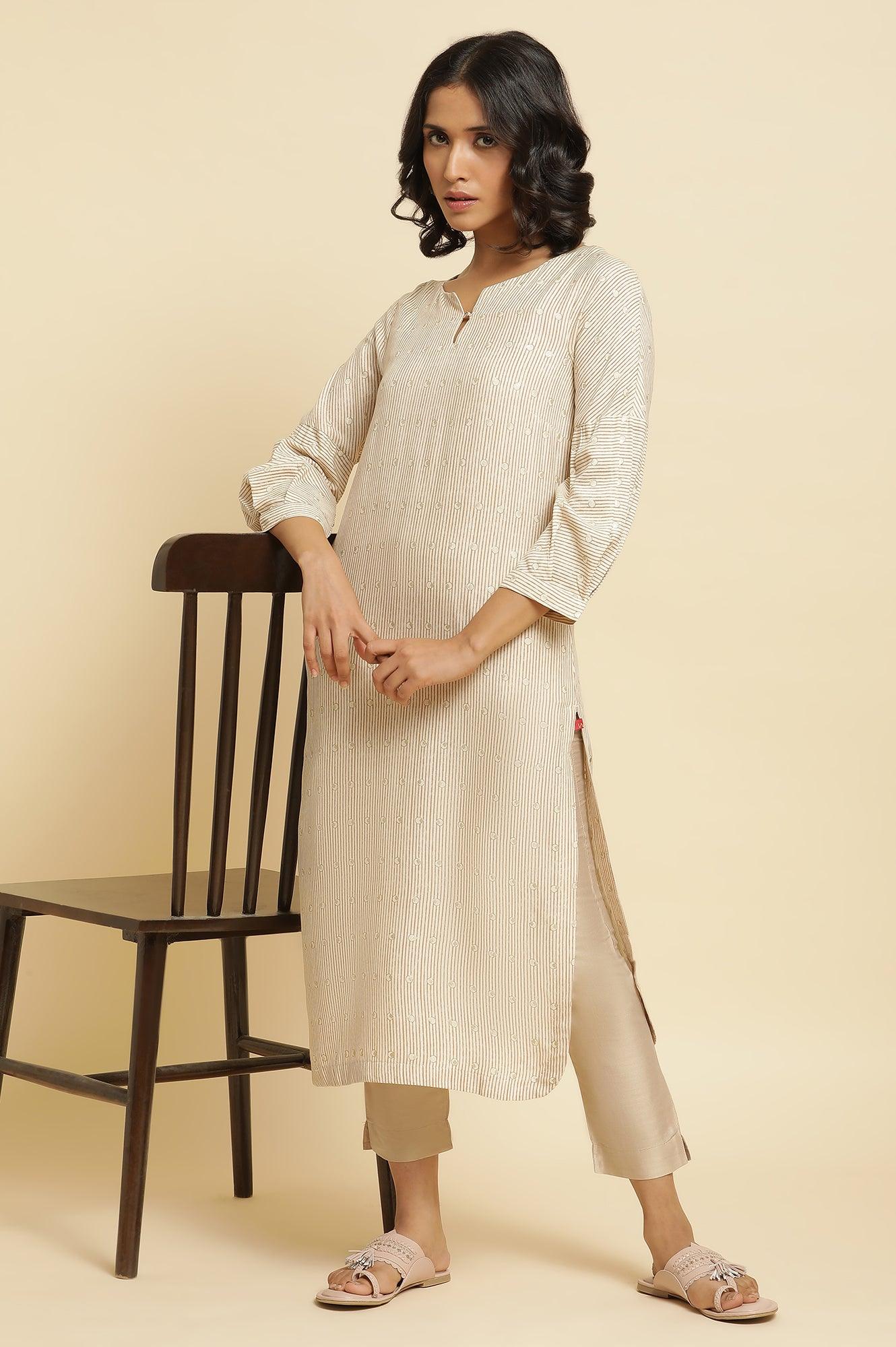 Beige Stripe Printed Kurta & Pants Set