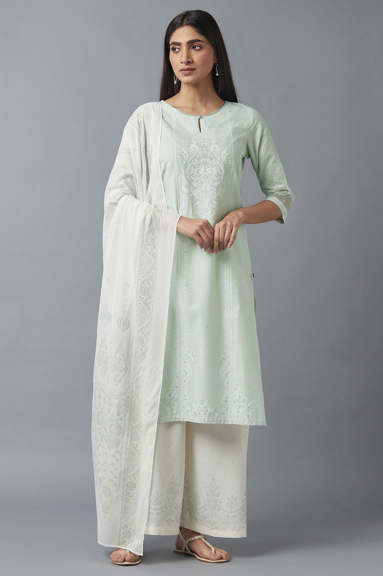 Light Green Embroidered kurta with Parallel Pants and Dupatta