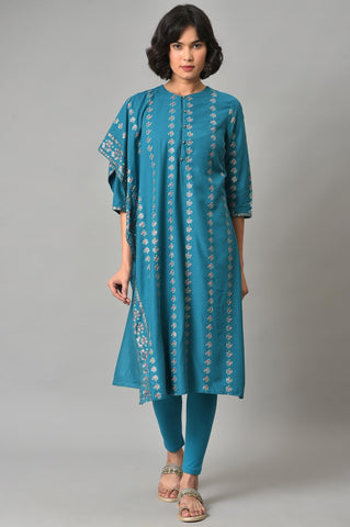 Teal Blue Saree Style kurta With Tights