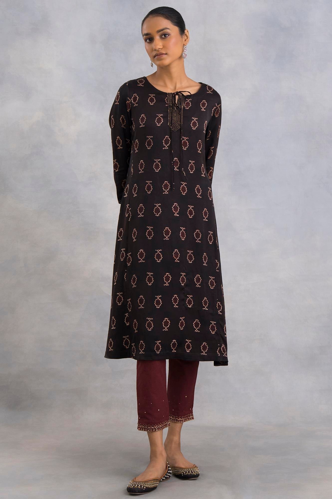 Dark Brown Ajrakh Print A-Line kurta