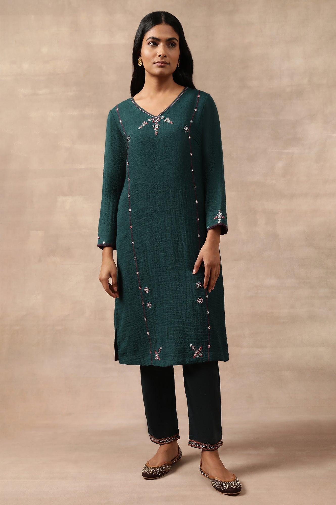 Teal Woollen Embroidered kurta