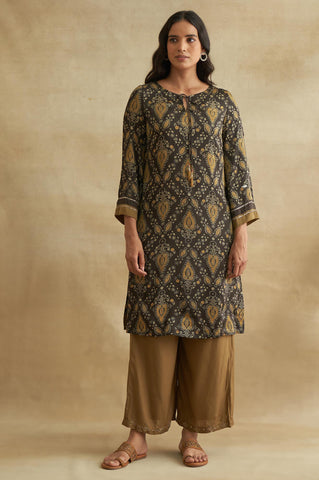 Dark Brown Ajrakh Print kurta In Fluid Satin