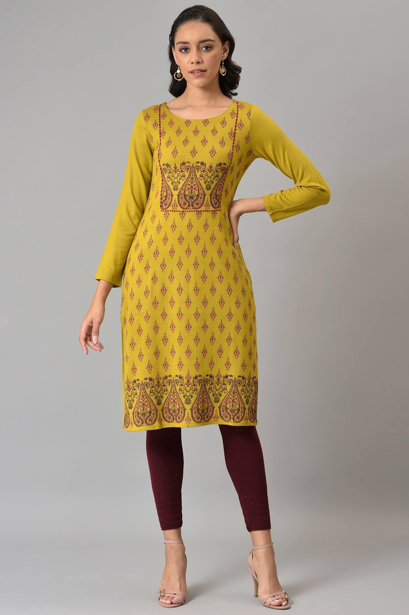 Green Paisley Print Festive Winter kurta