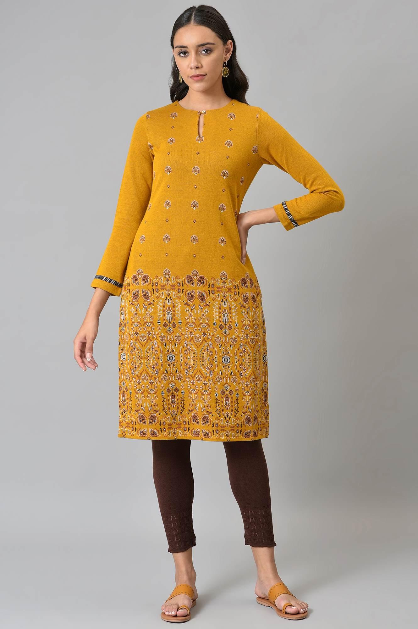 Dark Yellow Geometric Print Winter kurta