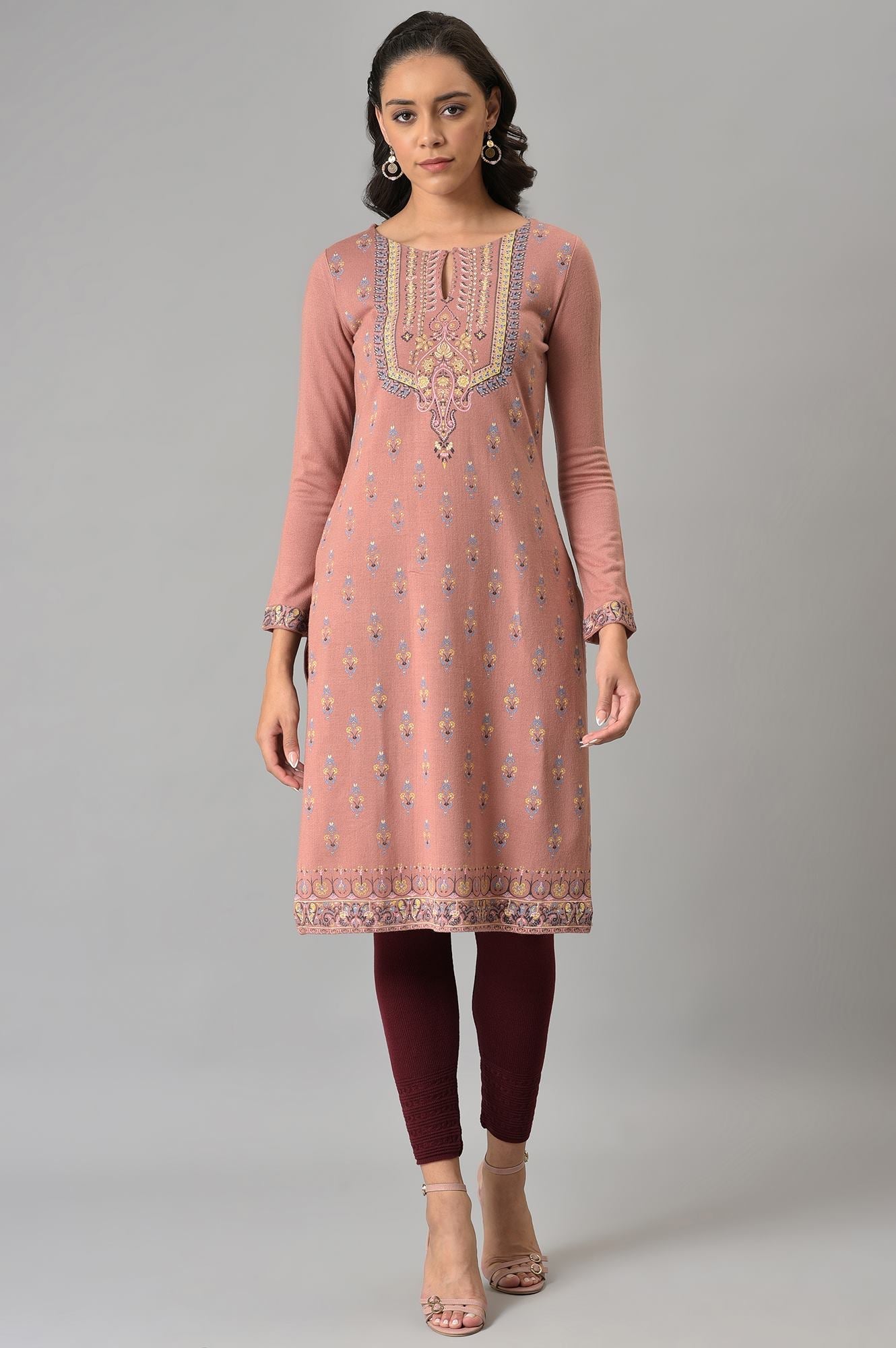 Old Rose Pink Floral Printed Winter kurta