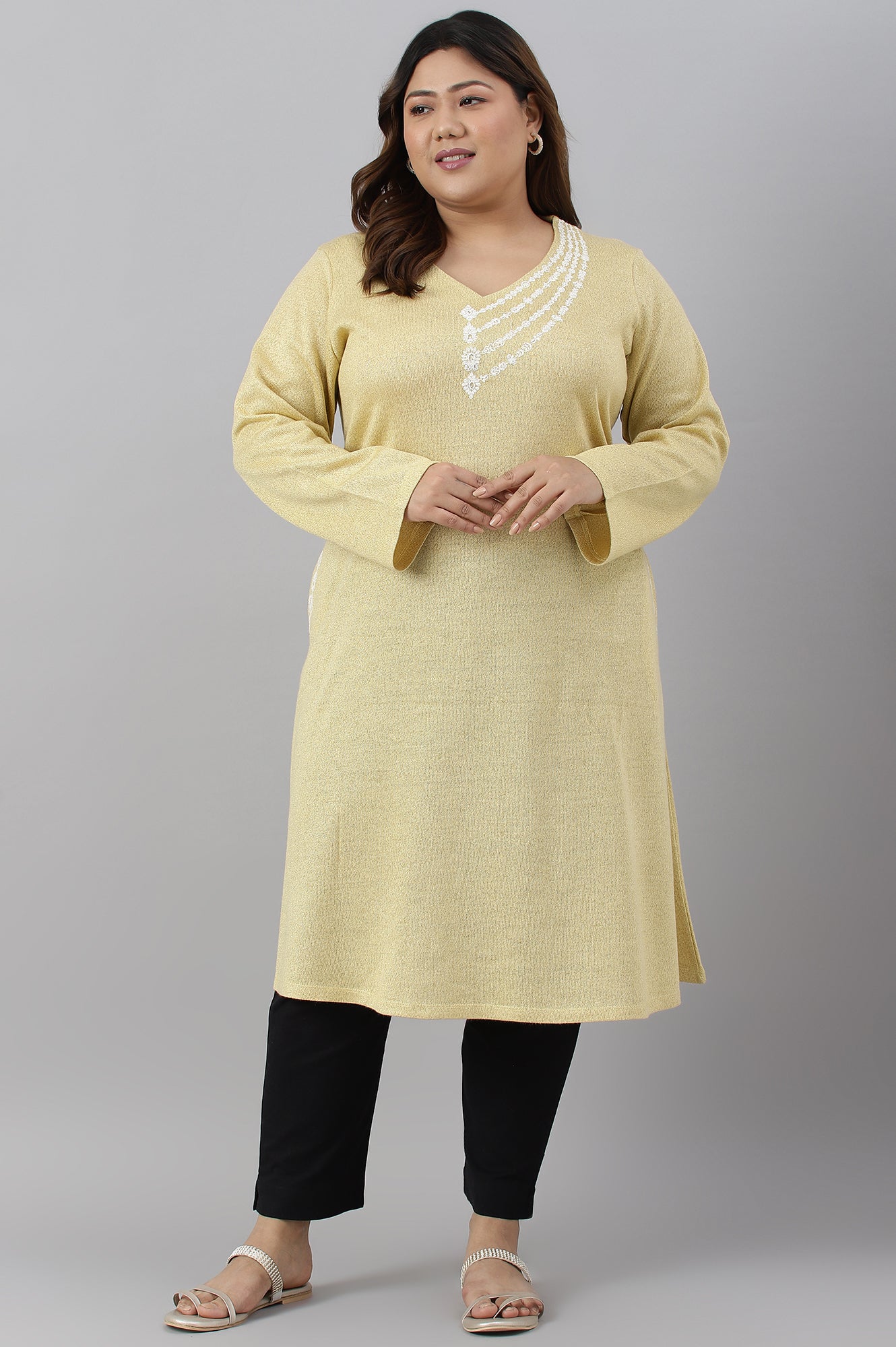 Lemon Yellow Embroidered A-Line Plus Size Winter kurta